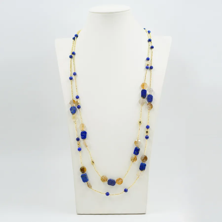 Collana Multifilo in argento con pietre (lapis, quarzo rutilato ed ematite dorata)