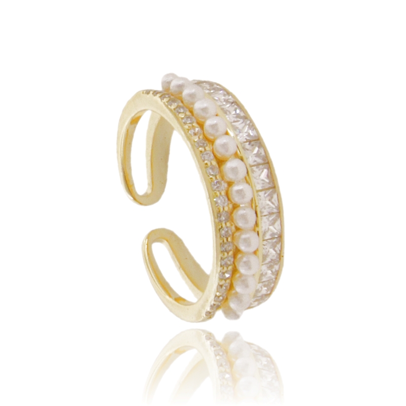 anello veretta con zirconi e perle in argento dorato 925