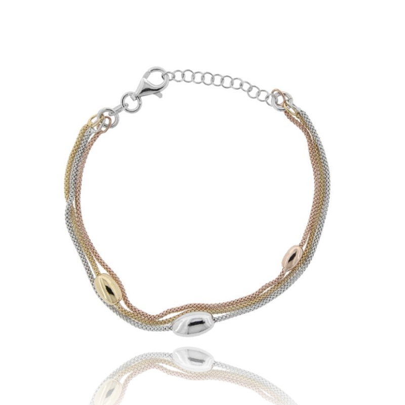 bracciale a fili pop corn con olivette in argento 925 tricolore