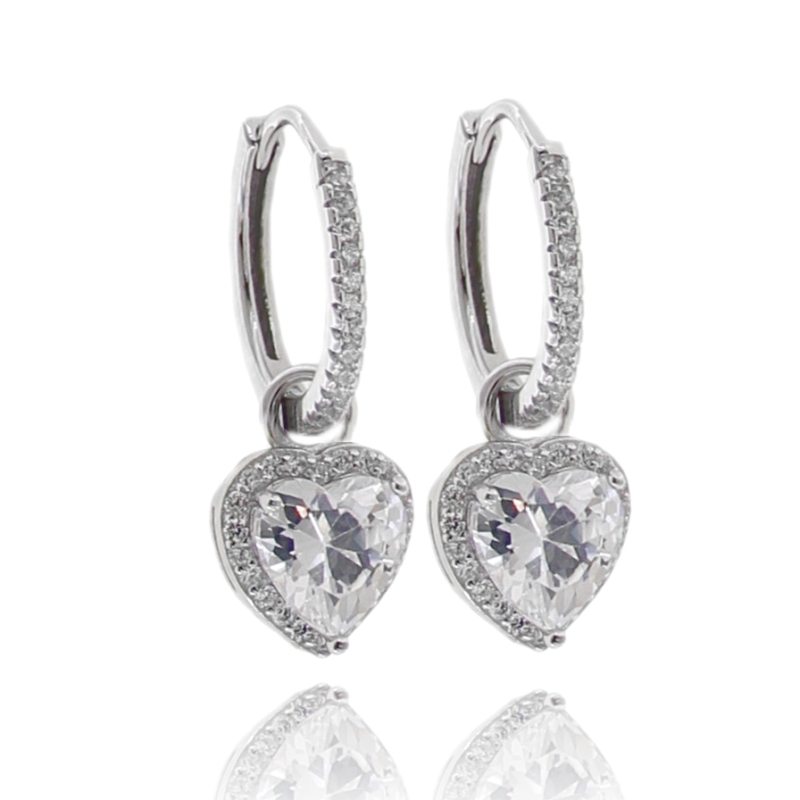 orecchini a cerchio diametro mm 12 con cuore pendente in argento rodiato 925 e zirconi