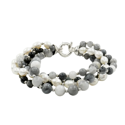 Bracciale rodiato multifilo in argento 925 con pietre (occhio d’aquila, perla ed ematite)