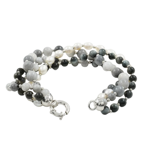 Bracciale rodiato multifilo in argento 925 con pietre (occhio d’aquila, perla ed ematite)