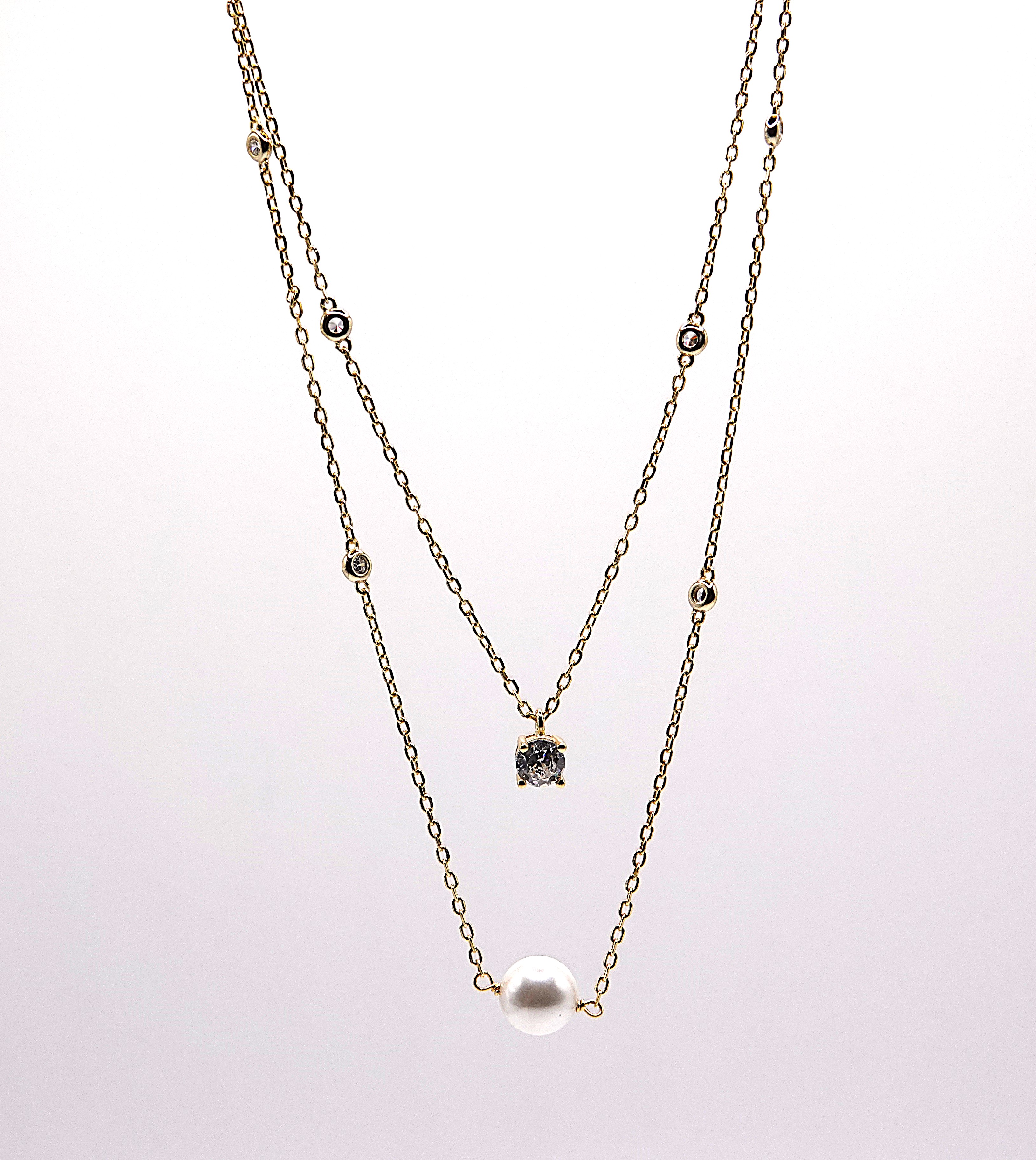 collana forzatina a 2 fili con solitario in argento 925 zirconi e perla