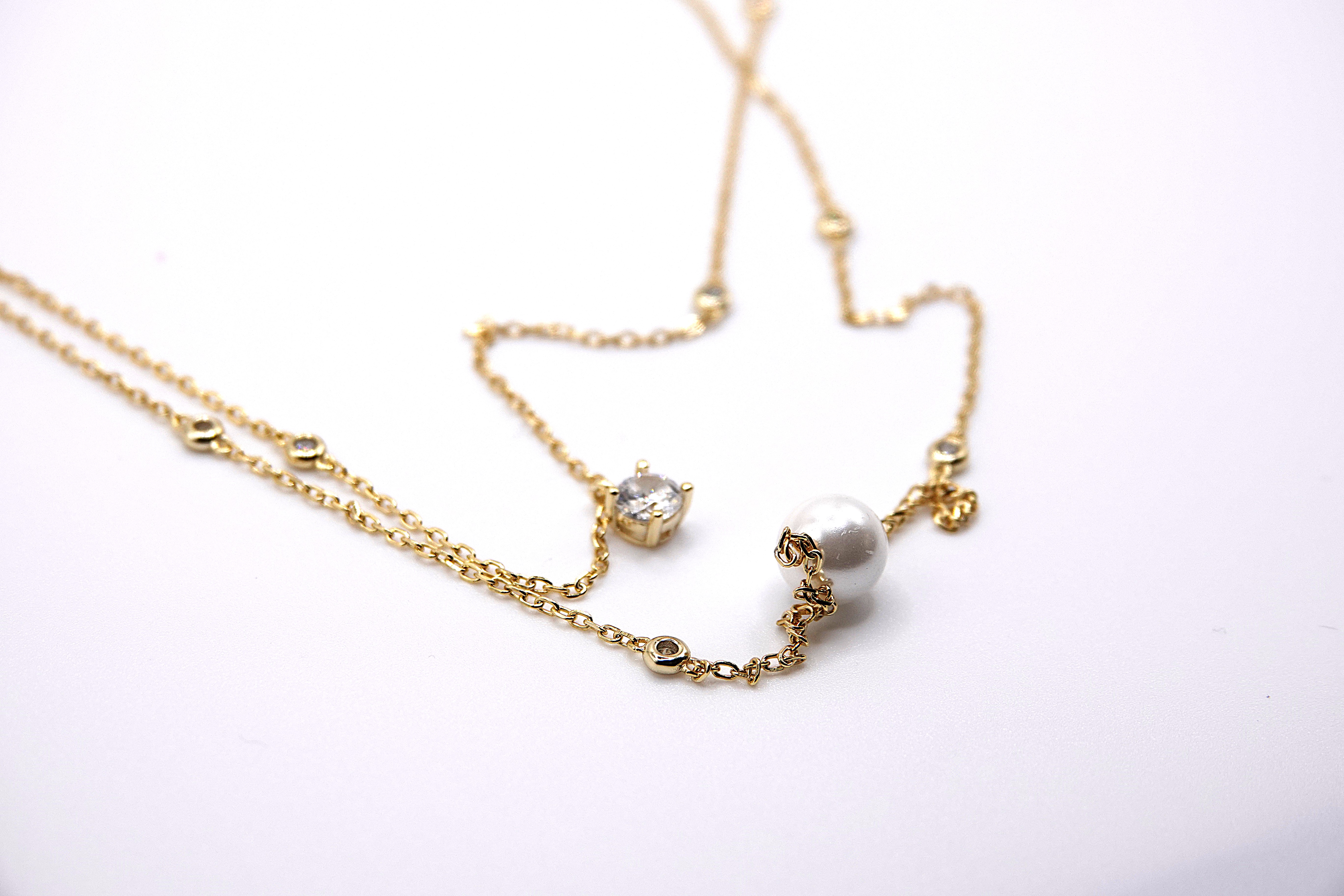 collana forzatina a 2 fili con solitario in argento 925 zirconi e perla 