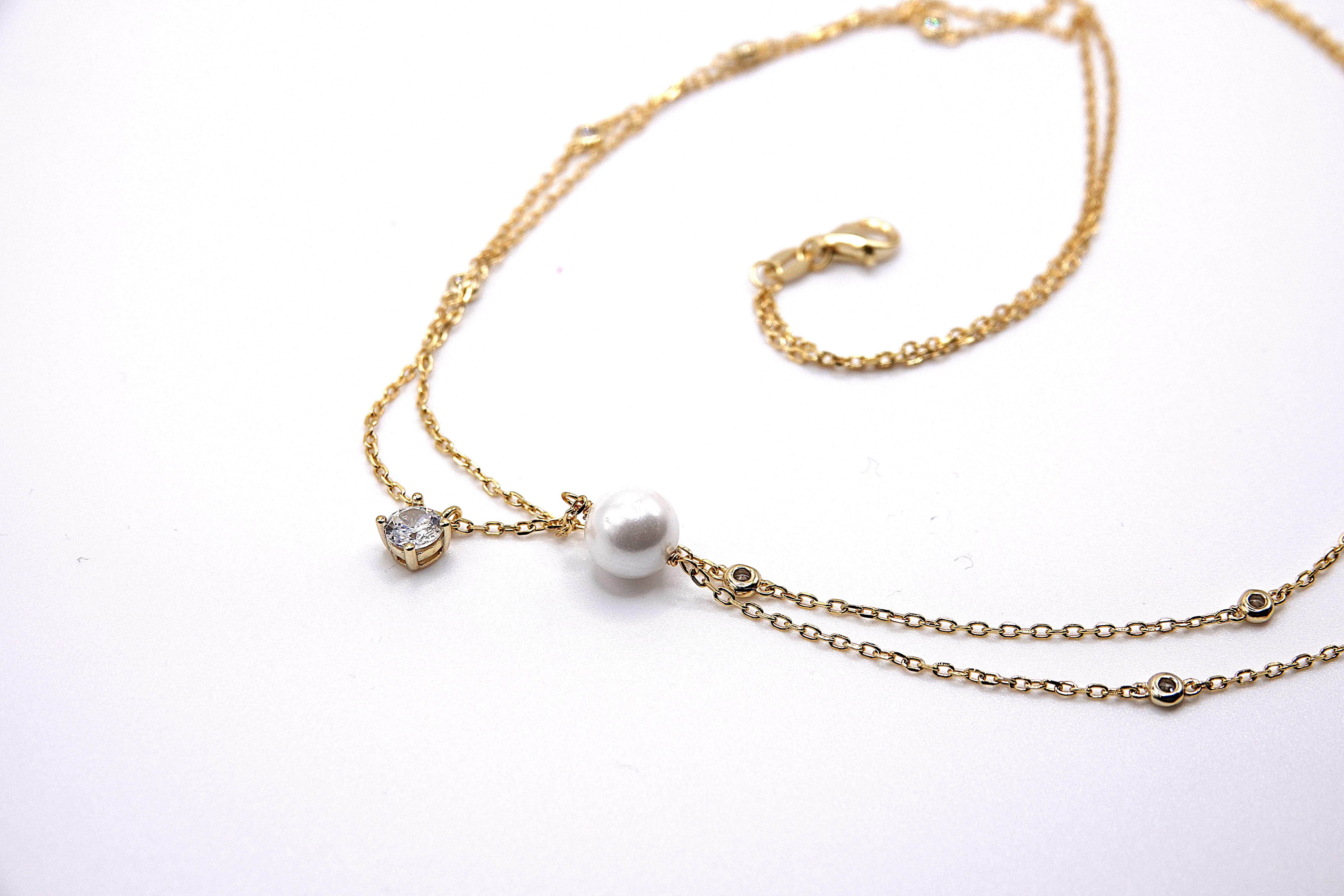 collana forzatina a 2 fili con solitario in argento 925 zirconi e perla 