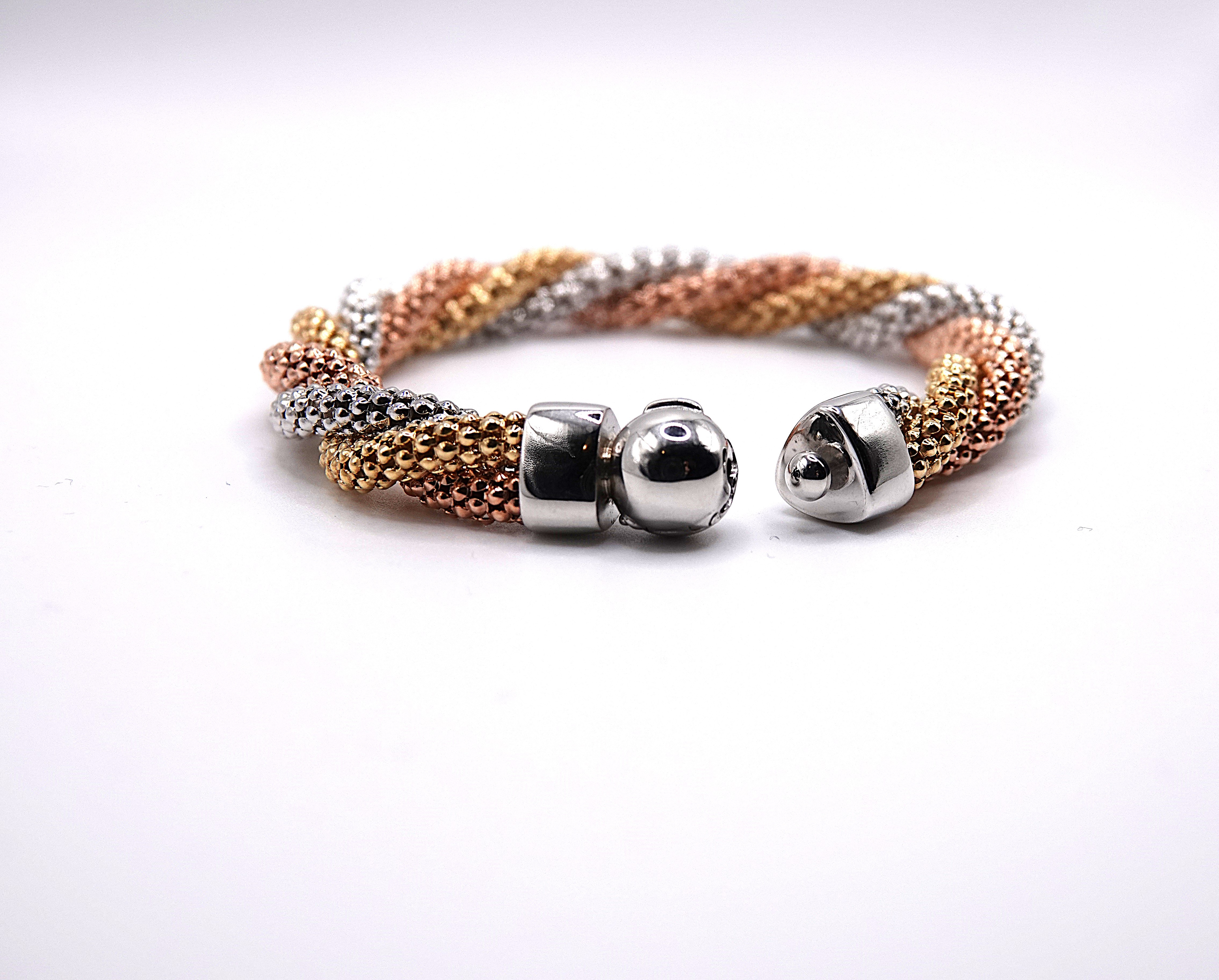 bracciale pop corn intrecciate mm 10 in argento 925 tricolore