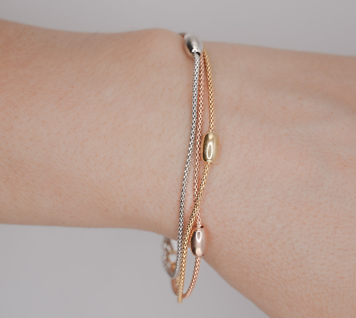 bracciale a fili pop corn con olivette in argento 925  tricolore