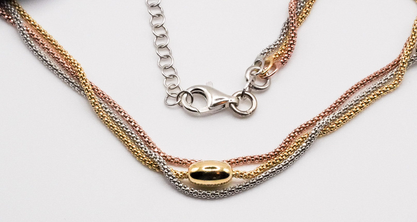 collana 3 fili pop corn con olivette in argento  925  tricolore