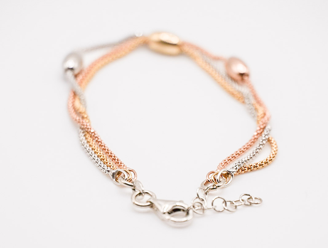 bracciale a fili pop corn con olivette in argento 925  tricolore