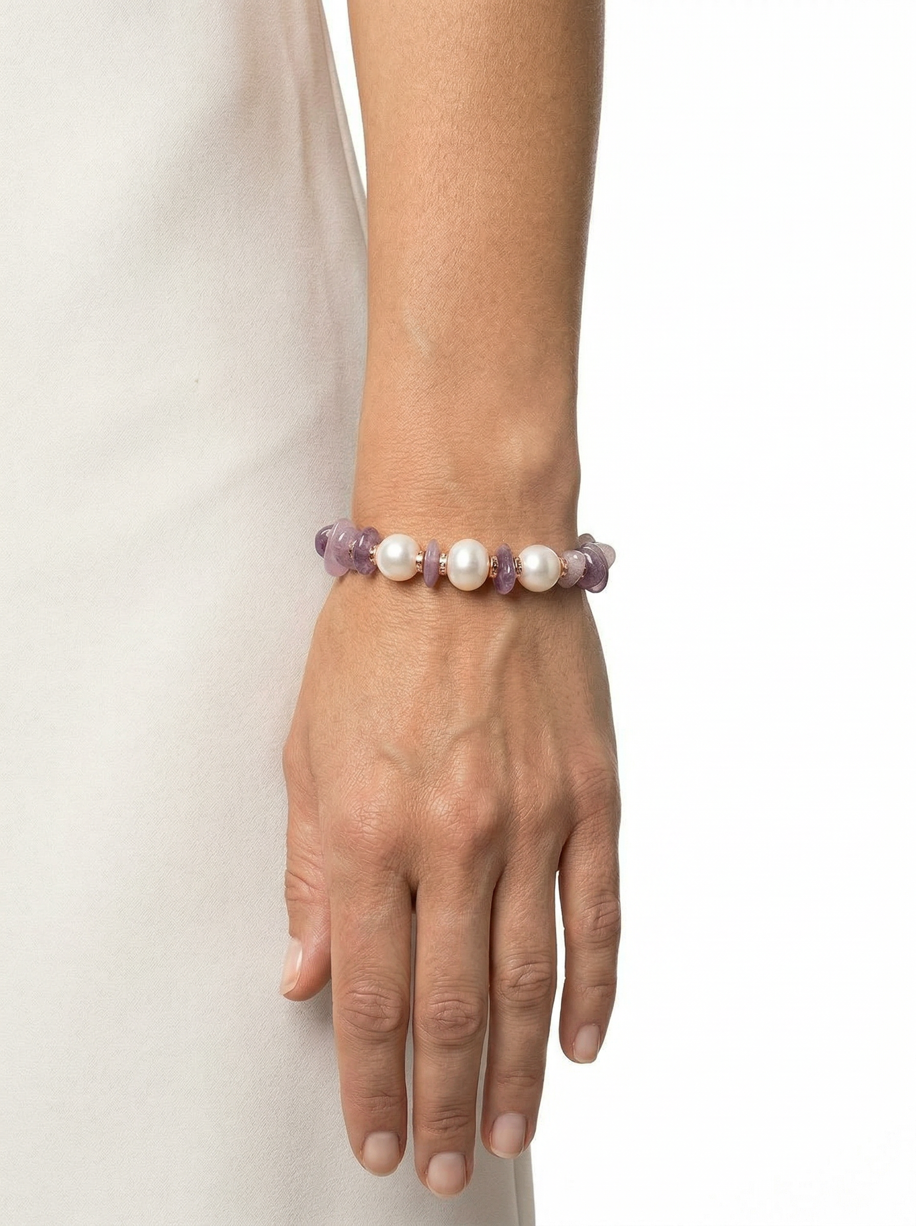 Bracciale in argento con pietre (kunzite, perla d’acqua dolce ed ematite)
