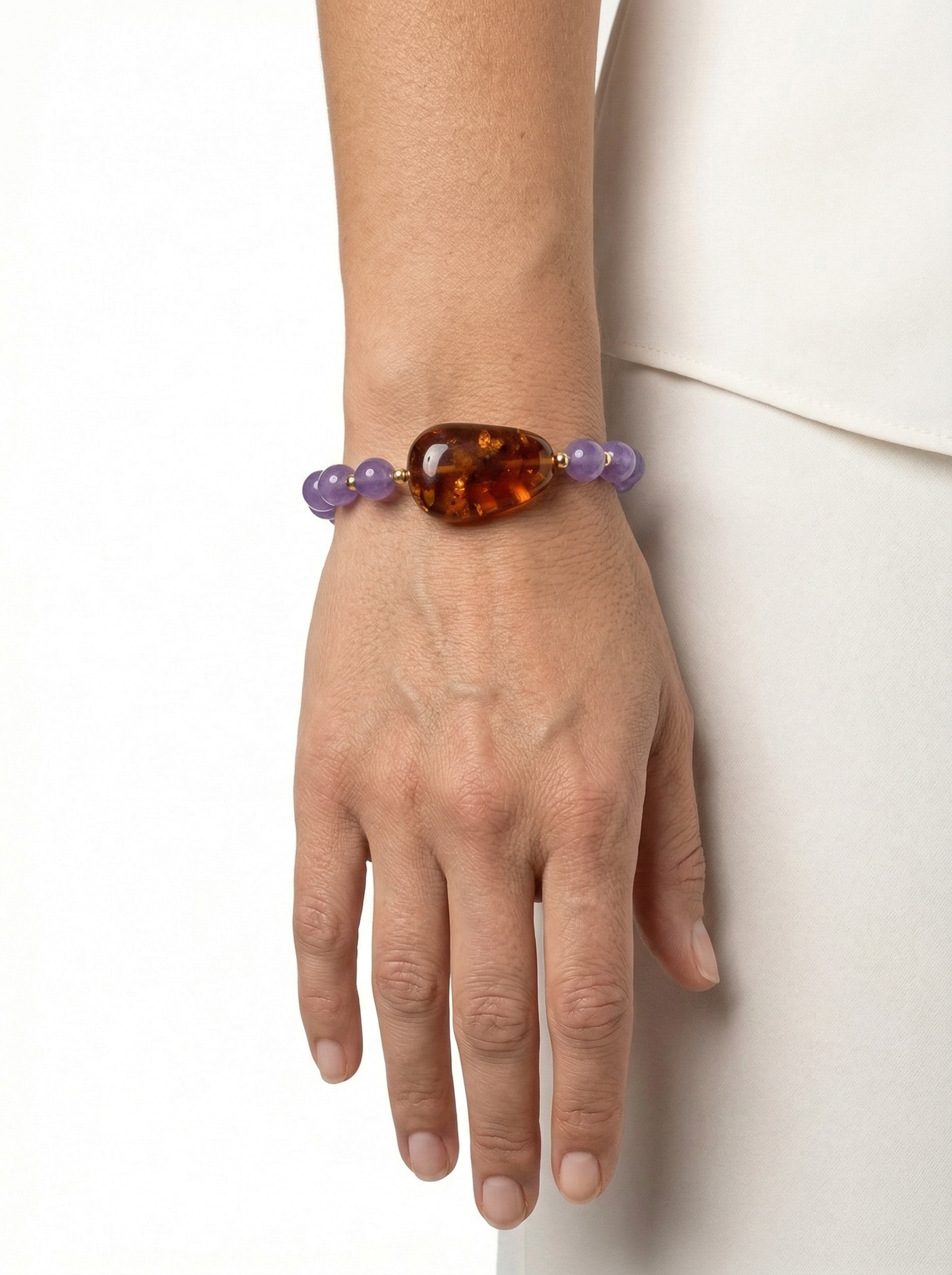 Bracciale in argento 925 con pietre (giada viola, ambra ed ematite)