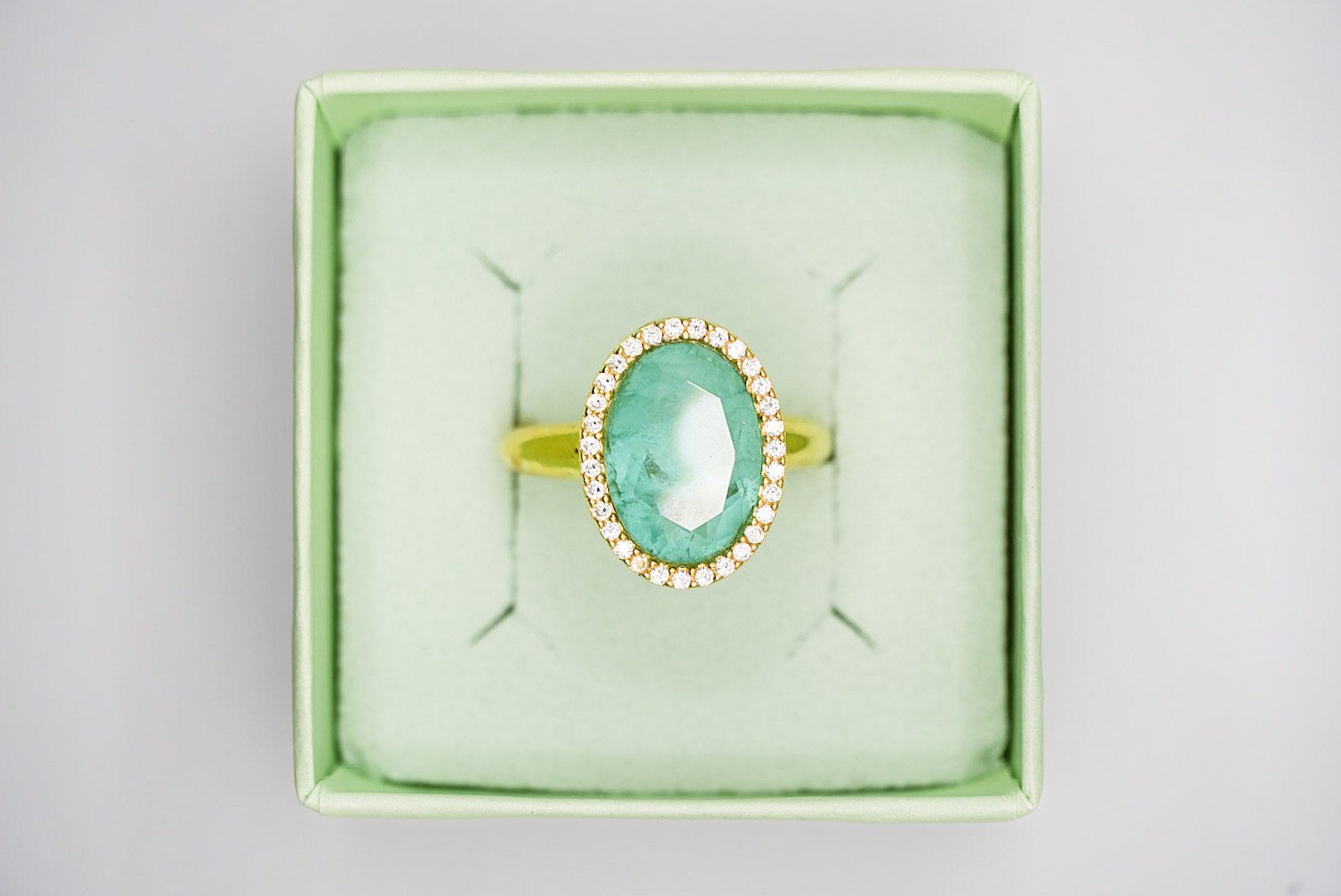 Anello in argento 925 con zirconi e cristallo colore verde paraiba 