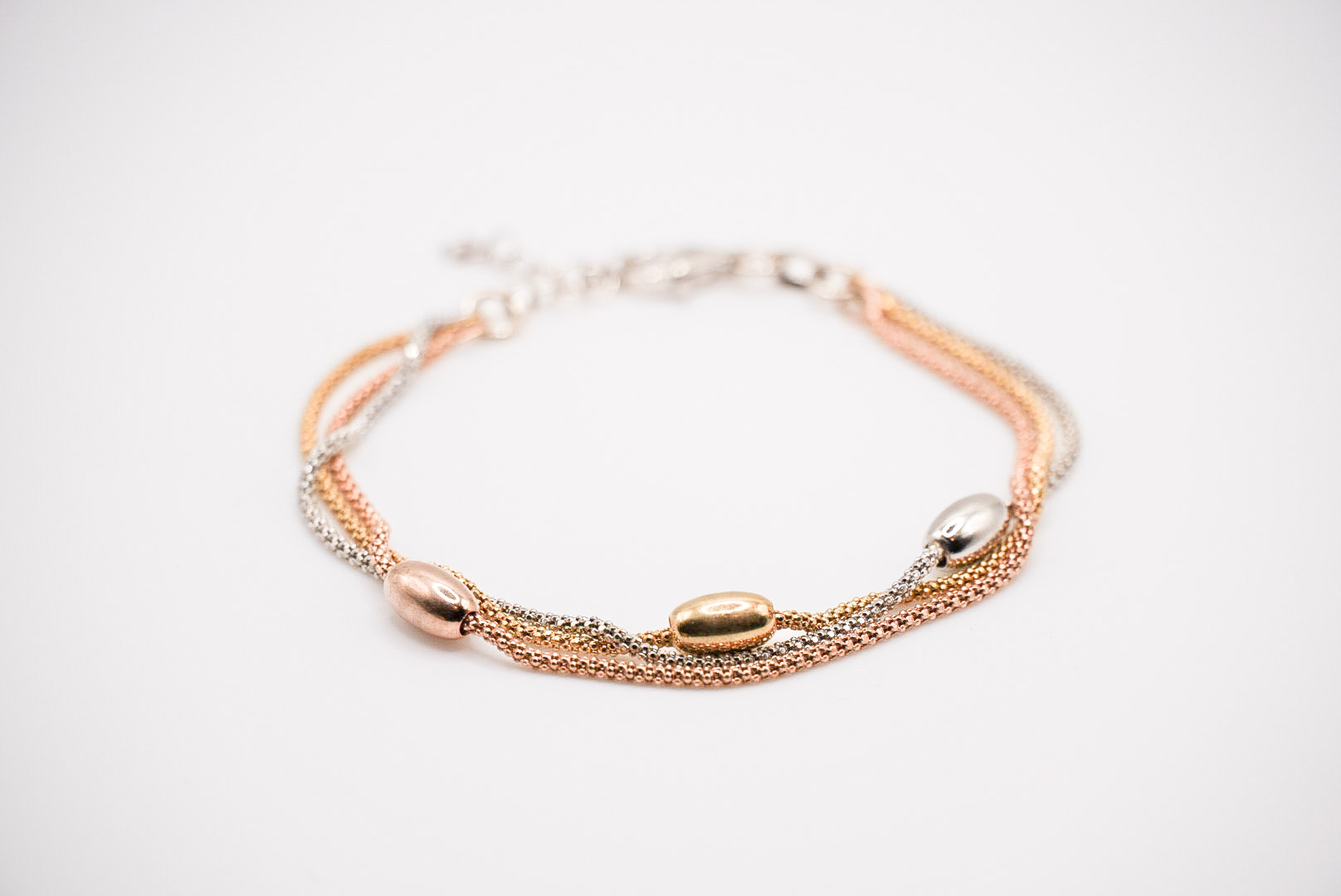 bracciale a fili pop corn con olivette in argento 925  tricolore