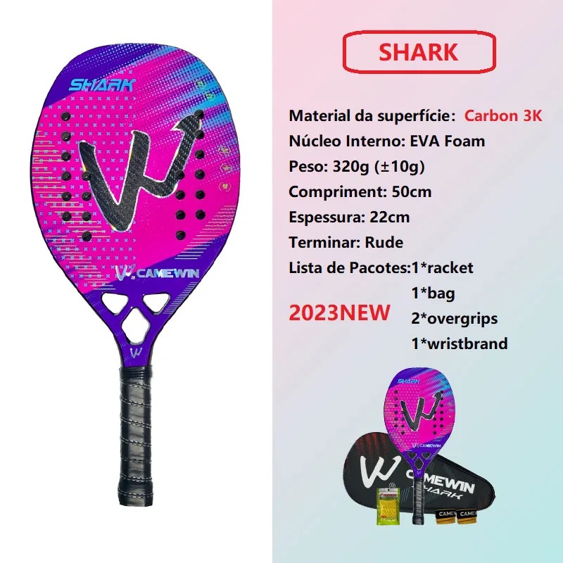 Raquete Tênis de Praia Fibra de Carbono 3K Para Homens e MulheresPara Homens e Mulheres Camewin Shark Pink