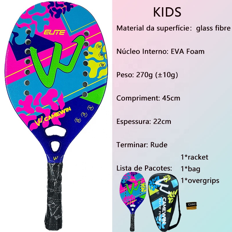 Raquete de tênis de praia infantil 50% fibra de carbono ultra leve 270g adequada para crianças iniciantes