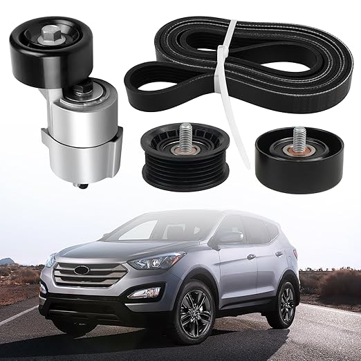 Belt Tensioner & Idler Pulley V-Ribbed Belt Kit Compatible with Hyundai Santa Fe Sonata Tucson Kia Forte Magentis Optima Sorento Replaces Part Numbers 6PK2125 2528125000 2528825001 2528725110