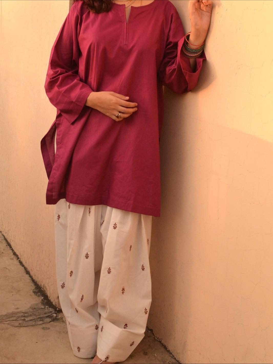 Maroon Kurti with White Farshi 