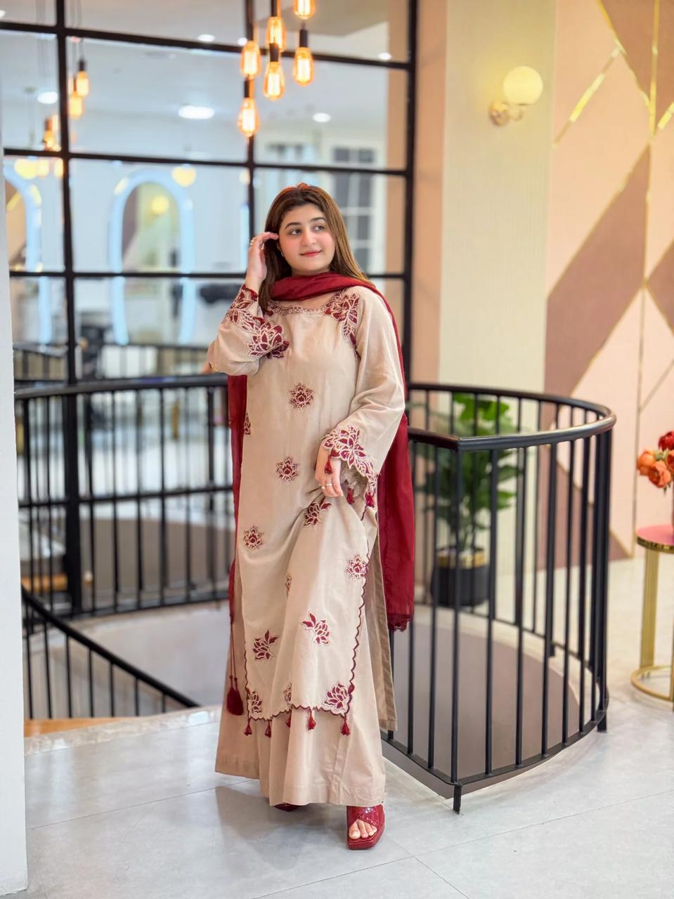 Embroidered Beige Kurti with Dupatta