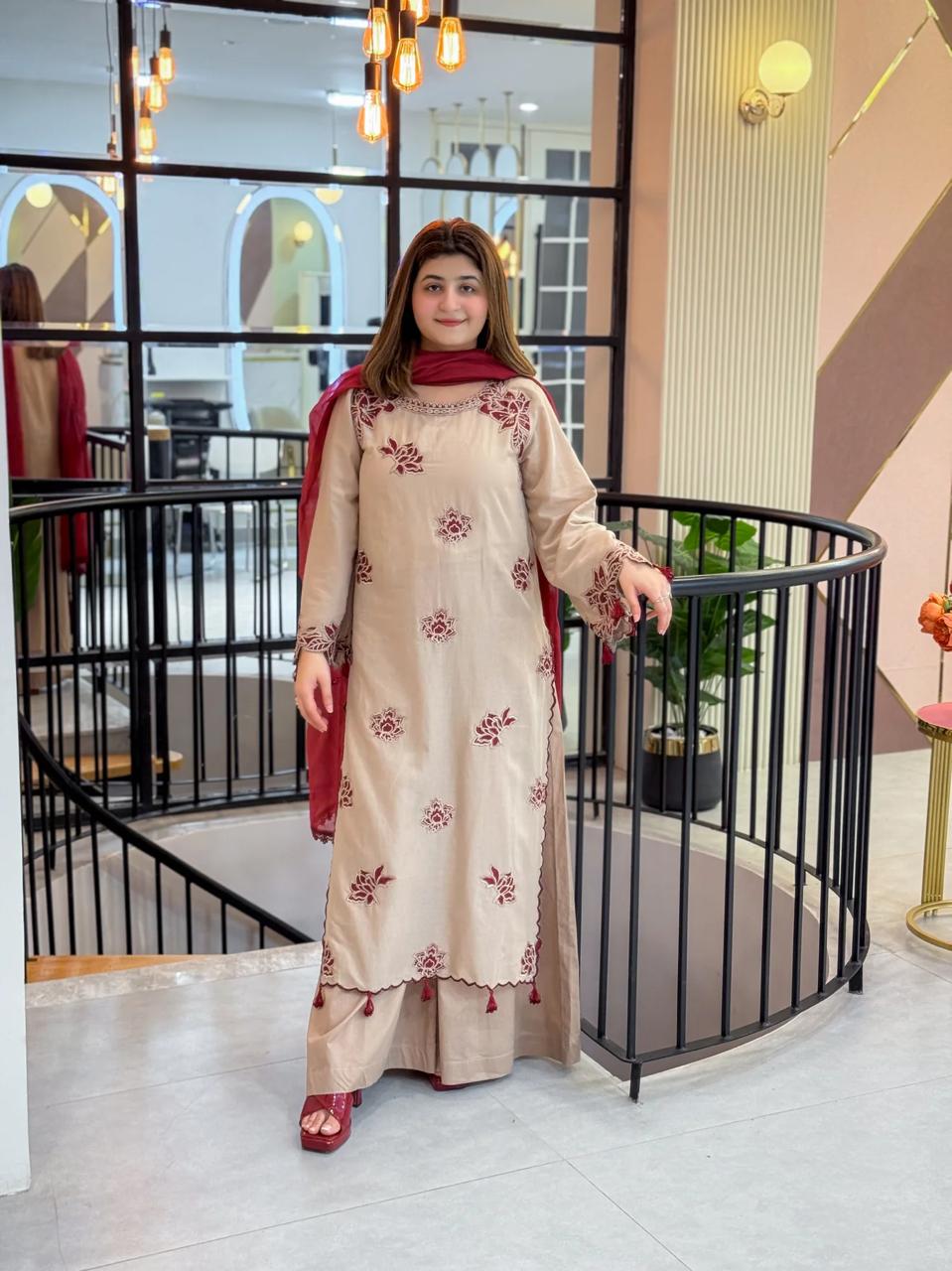 Embroidered Beige Kurti with Dupatta