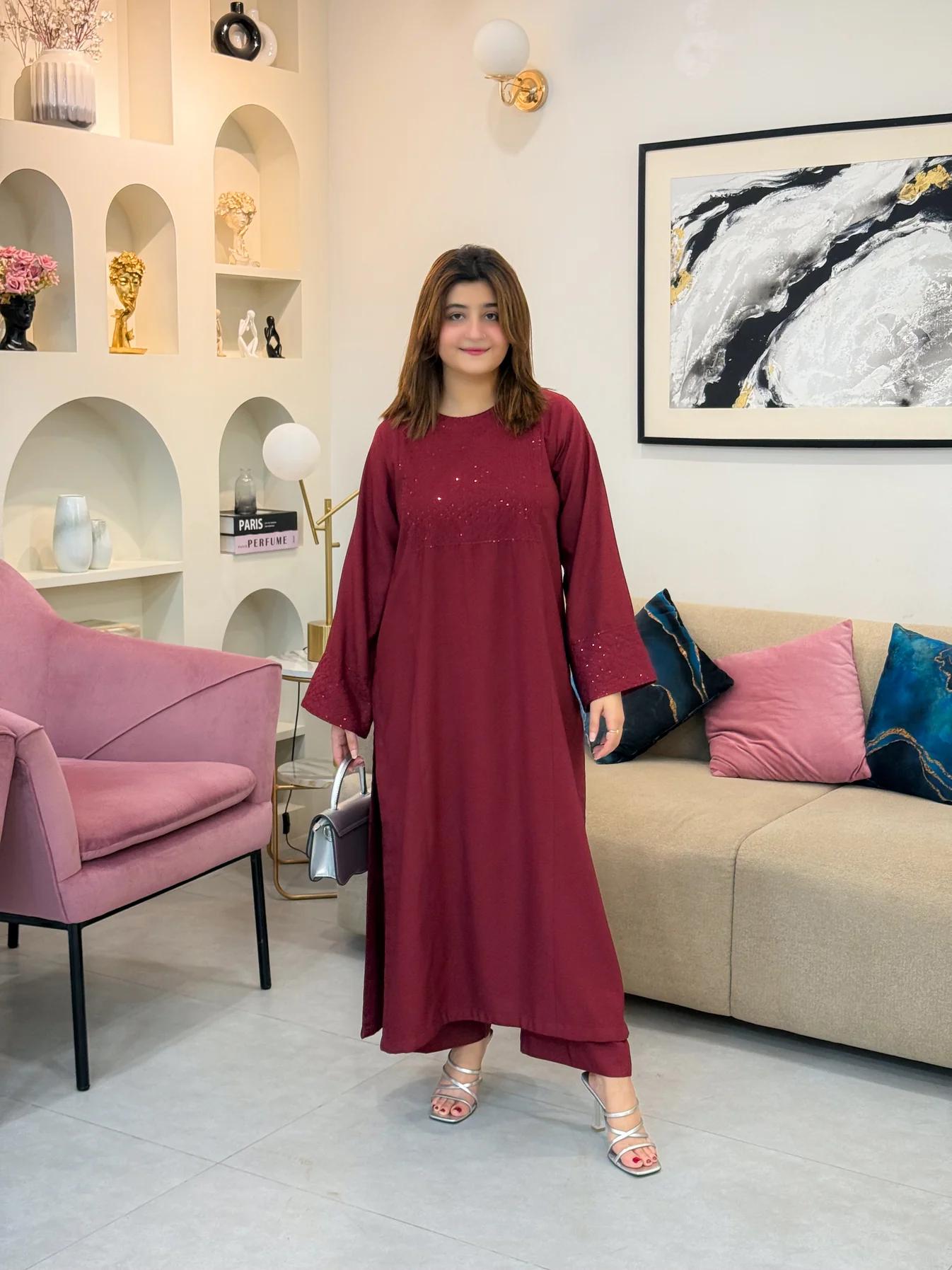 Wine Red long embroidery 2pc