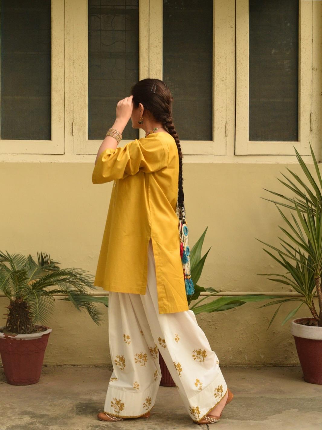 Yellow kurta and white Farshi set