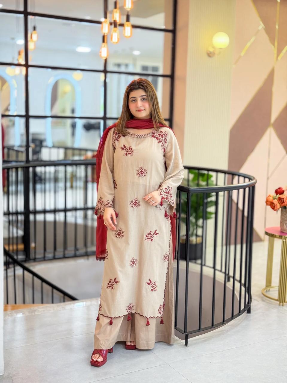 Embroidered Beige Kurti with Dupatta