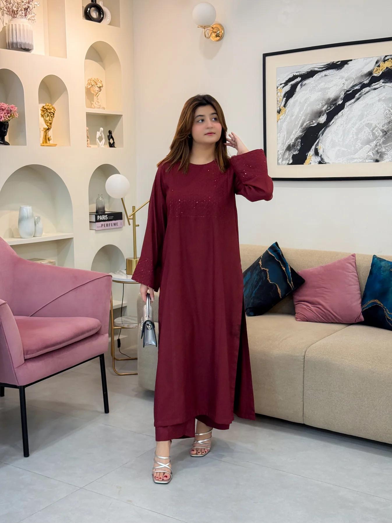 Wine Red long embroidery 2pc