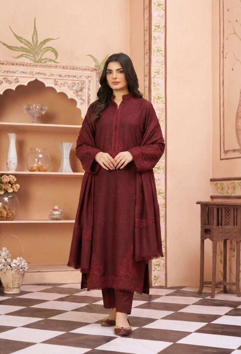 Maroon Embroidered Kurta Set 3pc