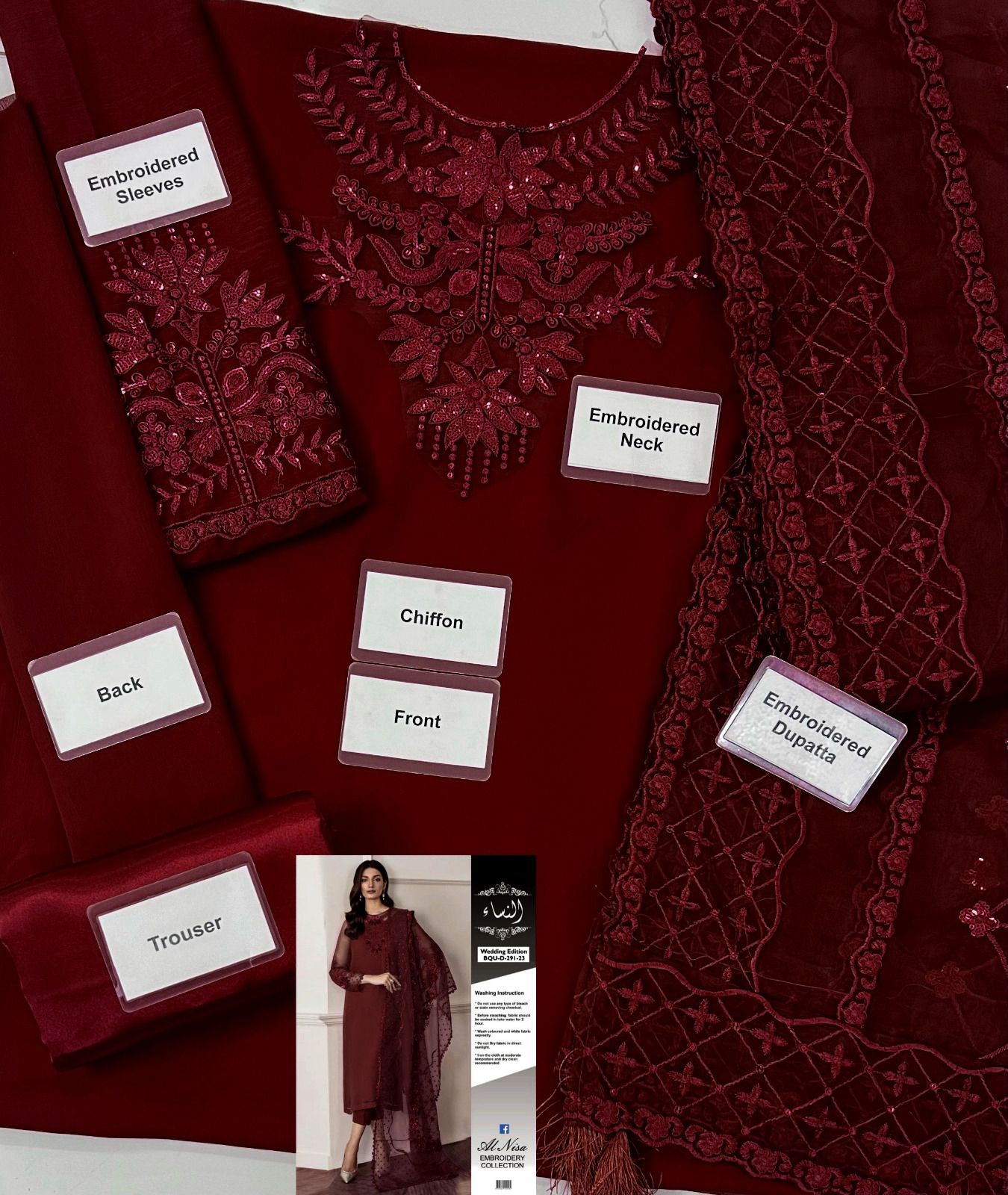 Al Nisa Maroon Embroidered Suit