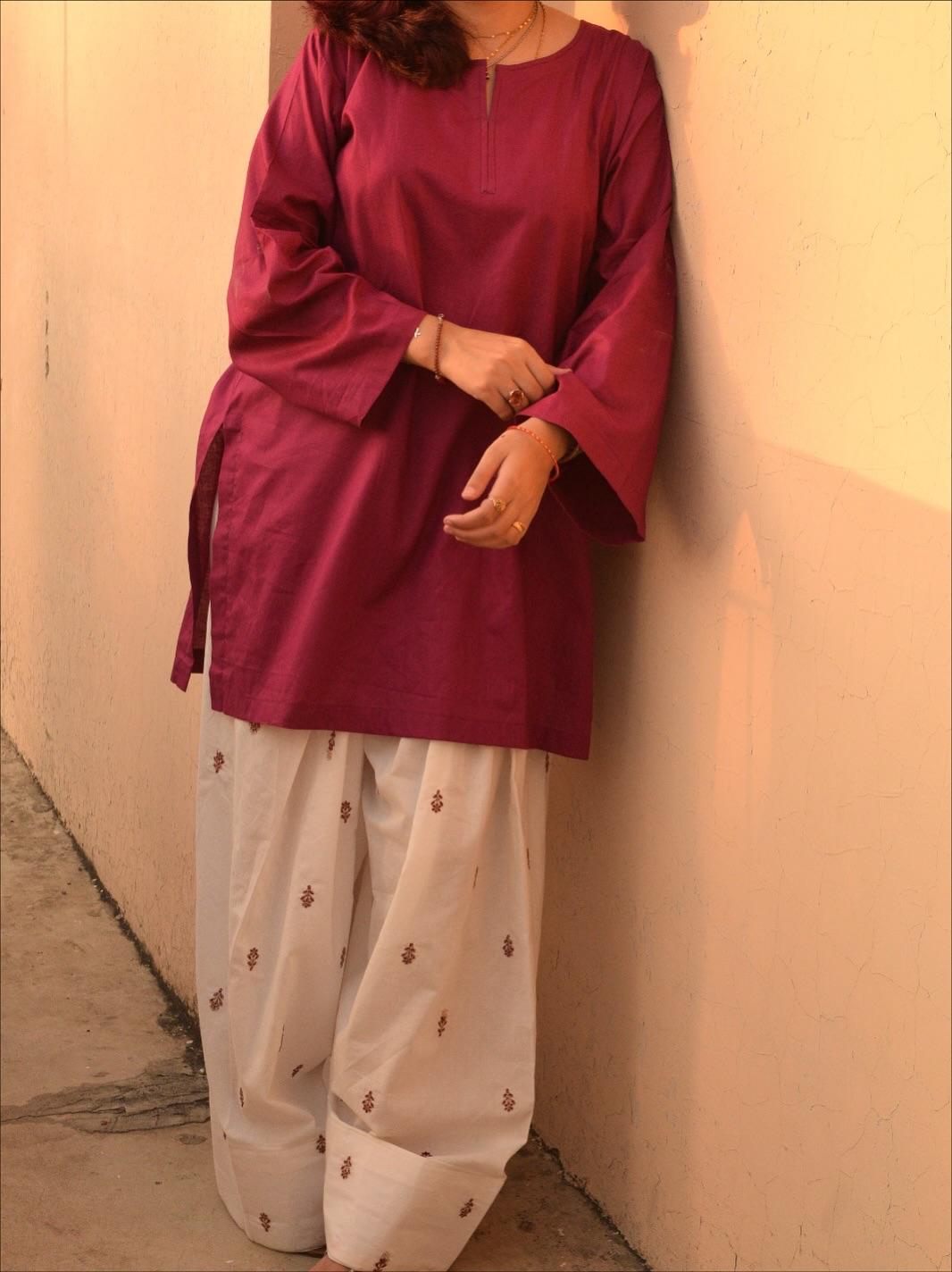 Maroon Kurti with White Farshi 
