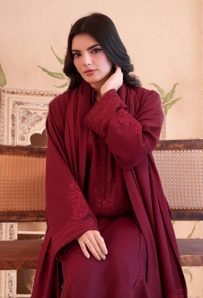 Maroon Embroidered Kurta Set 3pc