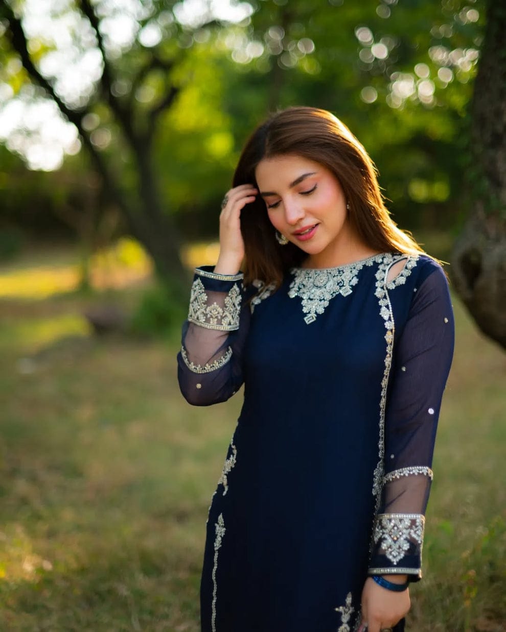 Agha jaan shefon embroided 3pc - blue 
