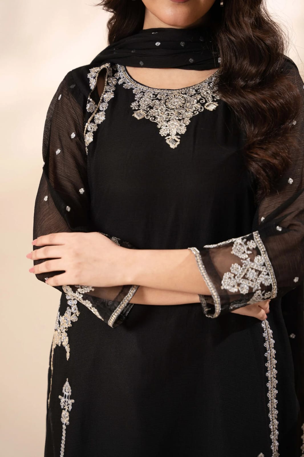 Agha jaan shefon embroided 3pc - black