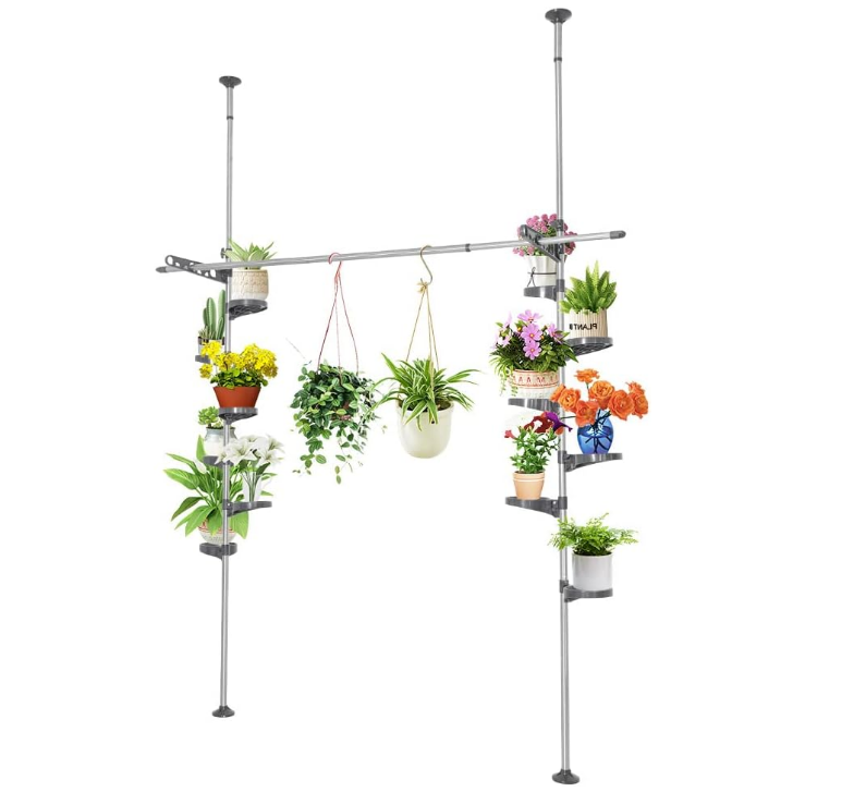  Indoor Plant Pole Stand Double Tension Rods Flower Pot Storage Shelf Holders Floor to Ceiling Display Rack Hanger with 12 Trays, 2 Hooks & 1 Telescopic Rod for Clothes Drying, Grey