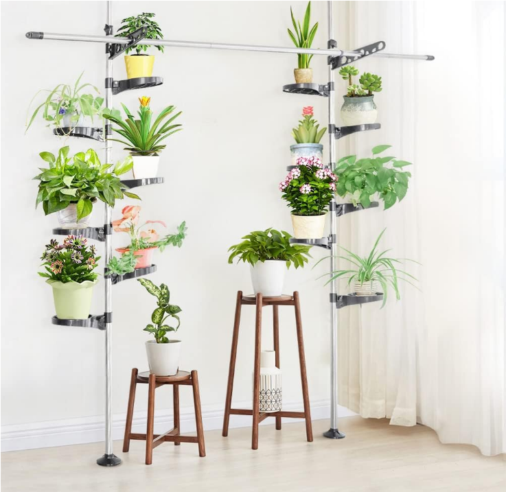  Indoor Plant Pole Stand Double Tension Rods Flower Pot Storage Shelf Holders Floor to Ceiling Display Rack Hanger with 12 Trays, 2 Hooks & 1 Telescopic Rod for Clothes Drying, Grey
