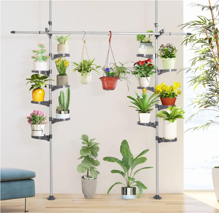  Indoor Plant Pole Stand Double Tension Rods Flower Pot Storage Shelf Holders Floor to Ceiling Display Rack Hanger with 12 Trays, 2 Hooks & 1 Telescopic Rod for Clothes Drying, Grey