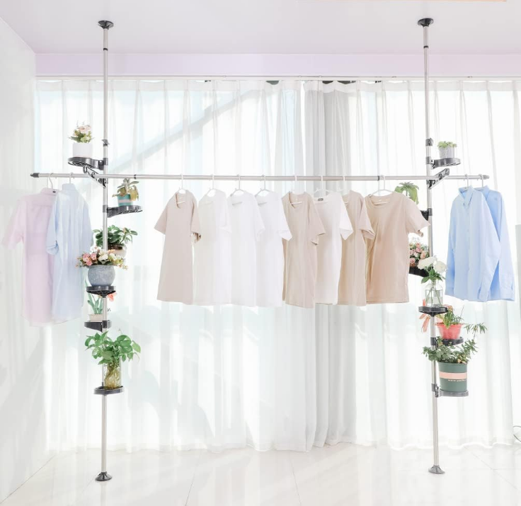  Indoor Plant Pole Stand Double Tension Rods Flower Pot Storage Shelf Holders Floor to Ceiling Display Rack Hanger with 12 Trays, 2 Hooks & 1 Telescopic Rod for Clothes Drying, Grey