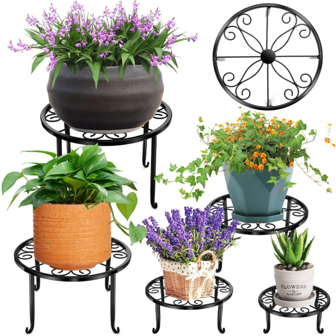 5 Pack Metal Plant Stand for Outdoor Indoor Plants, Heavy Duty Flower Pot Stands for Multiple Plant, Rustproof Iron Round Shelf for Planter, Potted Plant Holder for Garden Home (Black)