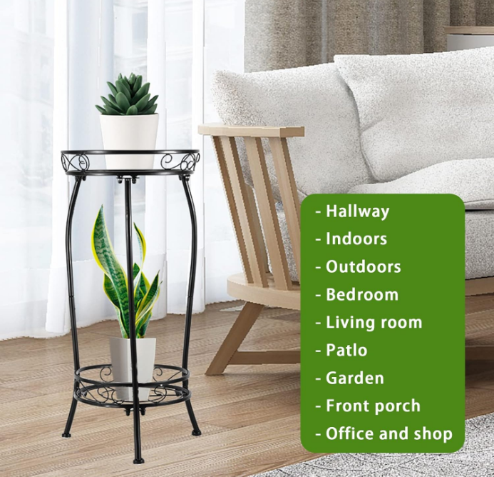 Plant Stand Indoor Outdoor，Tall Black Metal Rustproof Stable Plant Stands，2 Tier 27.1 inch Multiple Plant Rack Holder Rack Flower Pot Stand Heavy Duty Plant Shelf