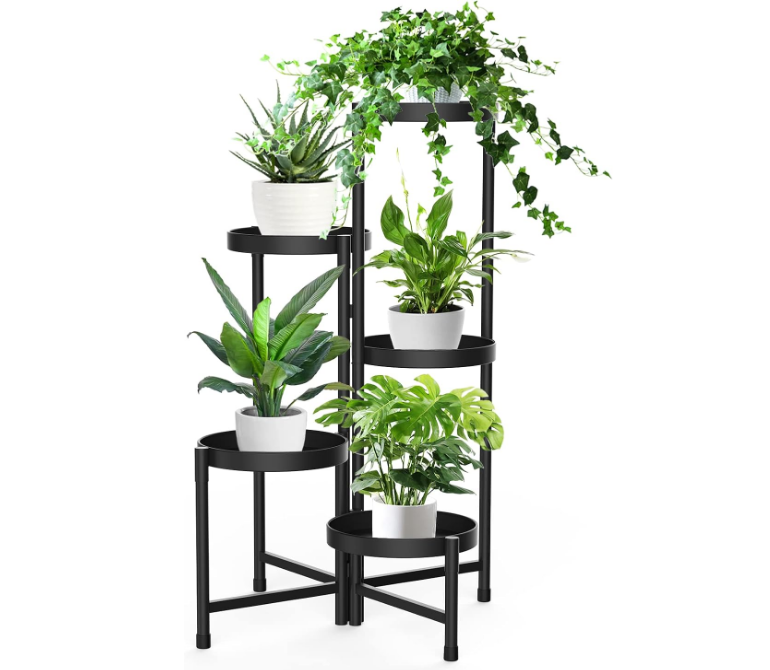 5 Tier Metal Plant Stand for Indoor Outdoor, Foldable Corner Tall Plant Shelf for Multiple Plants, Flower Pot Holder Display Stand for Living Room Balcony Garden Patio (Black)