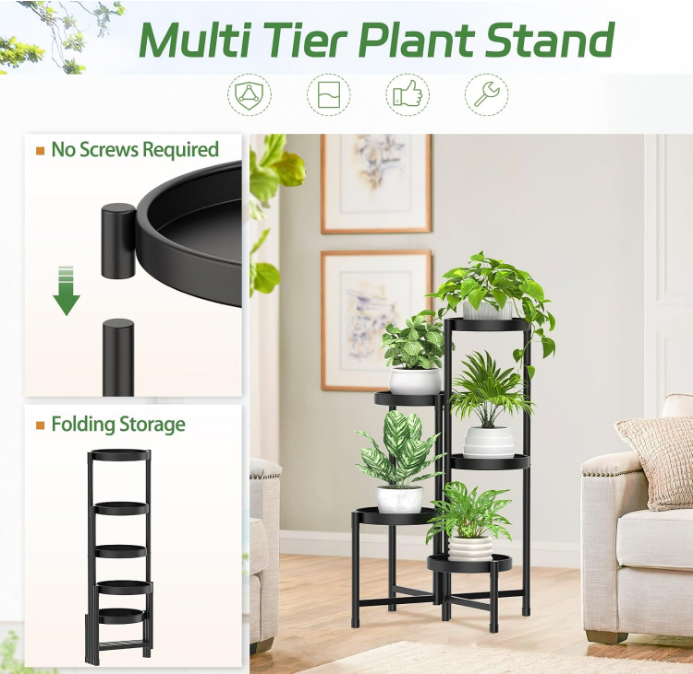 5 Tier Metal Plant Stand for Indoor Outdoor, Foldable Corner Tall Plant Shelf for Multiple Plants, Flower Pot Holder Display Stand for Living Room Balcony Garden Patio (Black)