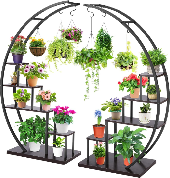 5 Tier Metal Plant Stand Half Moon Plant Shelf Shape Ladder Flower Pot Stand Rack w/ Hanger & Anti-Toppling Device, Multi-Purpose Curved Plant Flower Display Holder Pot Rack for Home Patio Lawn