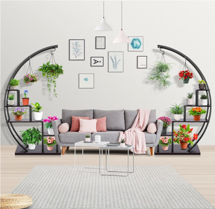 5 Tier Metal Plant Stand Half Moon Plant Shelf Shape Ladder Flower Pot Stand Rack w/ Hanger & Anti-Toppling Device, Multi-Purpose Curved Plant Flower Display Holder Pot Rack for Home Patio Lawn