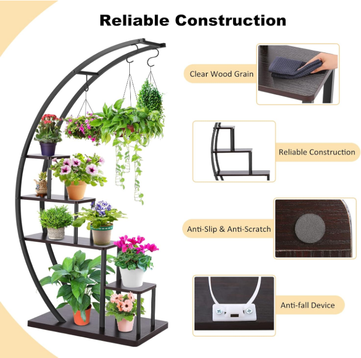 5 Tier Metal Plant Stand Half Moon Plant Shelf Shape Ladder Flower Pot Stand Rack w/ Hanger & Anti-Toppling Device, Multi-Purpose Curved Plant Flower Display Holder Pot Rack for Home Patio Lawn