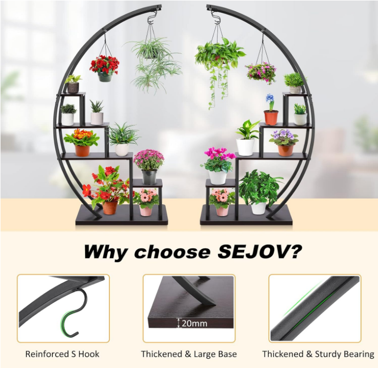 5 Tier Metal Plant Stand Half Moon Plant Shelf Shape Ladder Flower Pot Stand Rack w/ Hanger & Anti-Toppling Device, Multi-Purpose Curved Plant Flower Display Holder Pot Rack for Home Patio Lawn