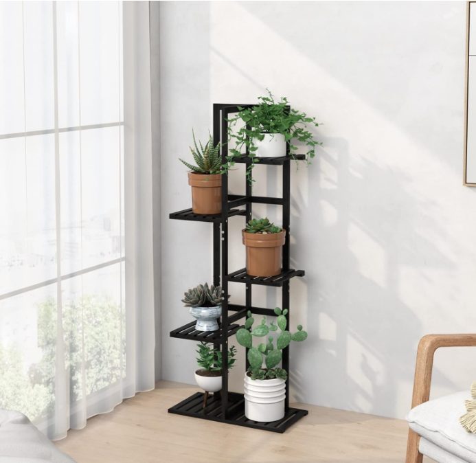 5 Tier Bamboo Plant Stand Rack 6 Potted Multiple Flower Pot Holder Shelf, Indoor&Outdoor Planter Display Shelves for Patio Garden, Living Room, Corner Balcony and Bedroom,Black