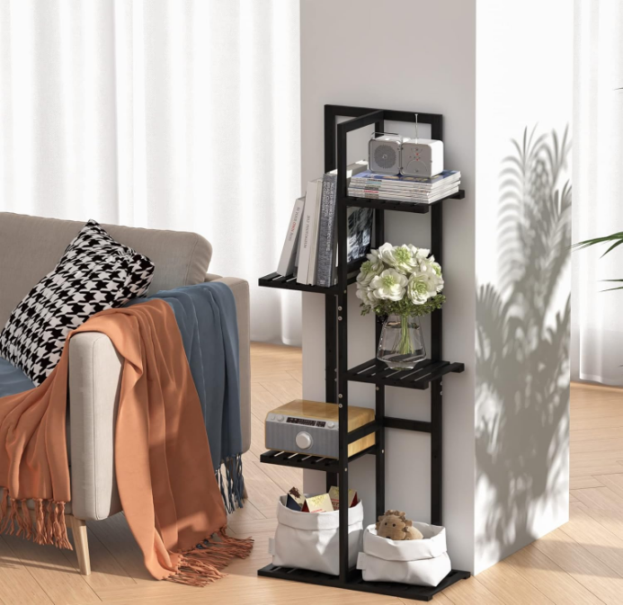 5 Tier Bamboo Plant Stand Rack 6 Potted Multiple Flower Pot Holder Shelf, Indoor&Outdoor Planter Display Shelves for Patio Garden, Living Room, Corner Balcony and Bedroom,Black