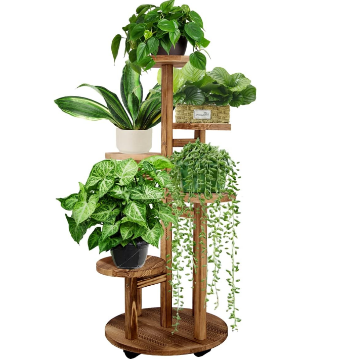 5 Tiered Tall Plant Stand for Indoor, Wood Plant Shelf Corner Display Rack, Multi-tier Planter Pot Holder Flower Stand for Living Room Balcony Garden Patio (Walnut)