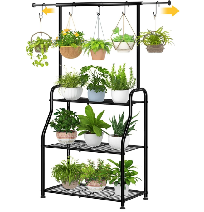 Plant Stand Indoor Outdoor, Heavy Duty Metal 3 Tiered Hanging Plant Shelf for Multiple Flower Planter Holder Tall Large Rack for Living Room Garden Balcony, Black