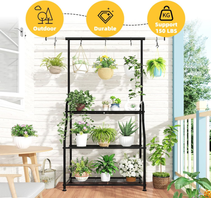 Plant Stand Indoor Outdoor, Heavy Duty Metal 3 Tiered Hanging Plant Shelf for Multiple Flower Planter Holder Tall Large Rack for Living Room Garden Balcony, Black